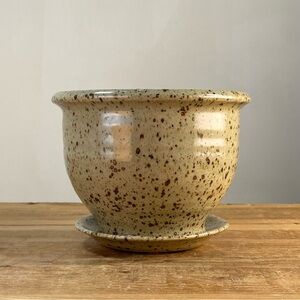 Vintage Pottery Bruning Clay Pot w Attached Saucer Speckled Gray Snohomish, WA